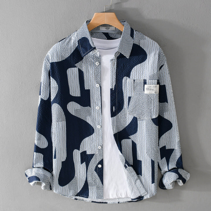 Herren Lockeres gemustertes Baumwoll-Overshirt mit Crinkle‑Struktur Echoarchiv