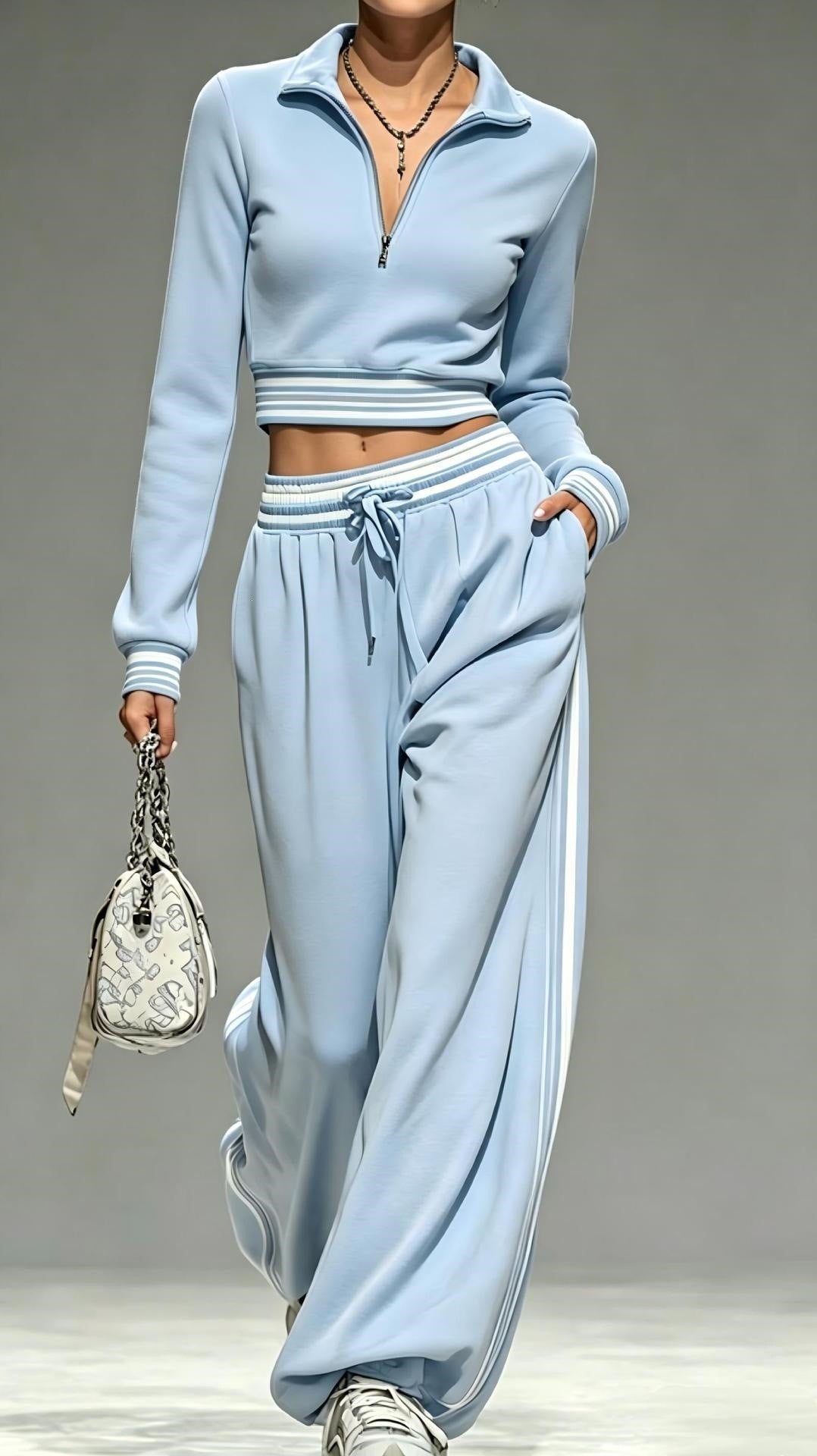 Damen Cropped-Trainingsset mit halbem Reißverschlusskragen und weitem Bundfalten-Jogger Echoarchiv