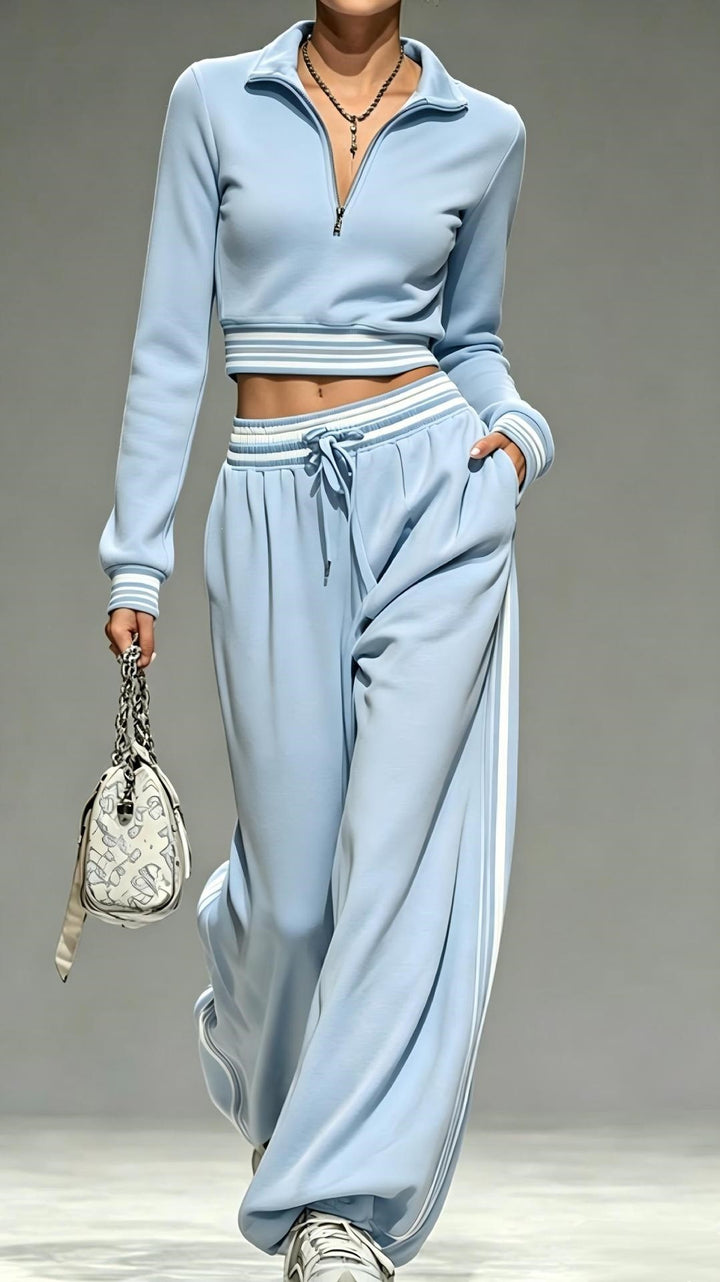 Damen Cropped-Trainingsset mit halbem Reißverschlusskragen und weitem Bundfalten-Jogger Echoarchiv