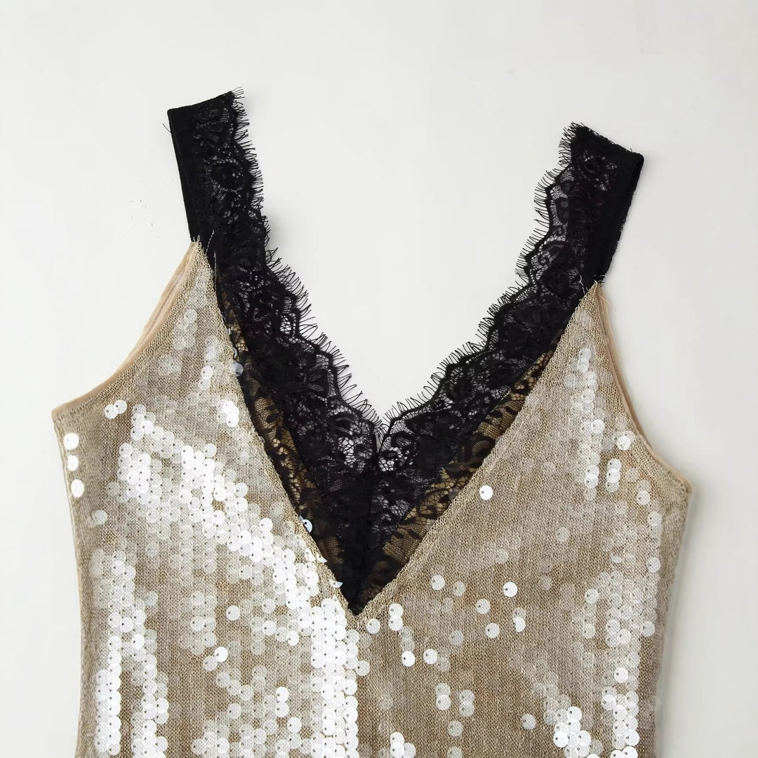 Damen glamouröses Abendkleid mit Pailletten und Spitzenverzierung Echo Archiv