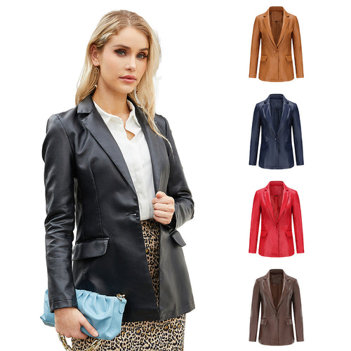 Damen nan taillierter Blazer aus Kunstleder mit Reverskragen und Pattentaschen Echo Archiv