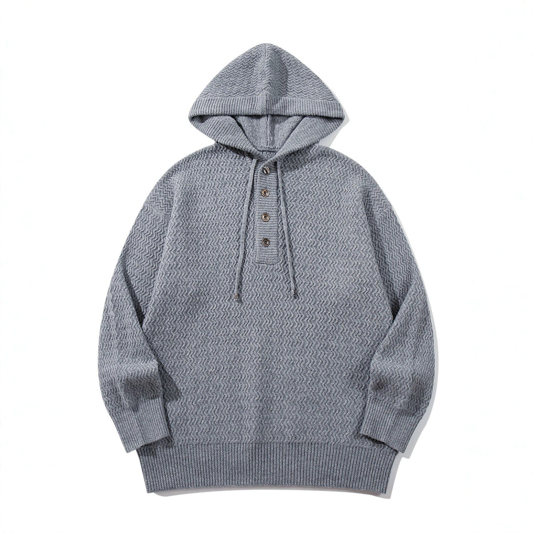 Unisex Strukturierter Kapuzen‑Strickpullover mit Henley‑Knopfleiste Echoarchiv
