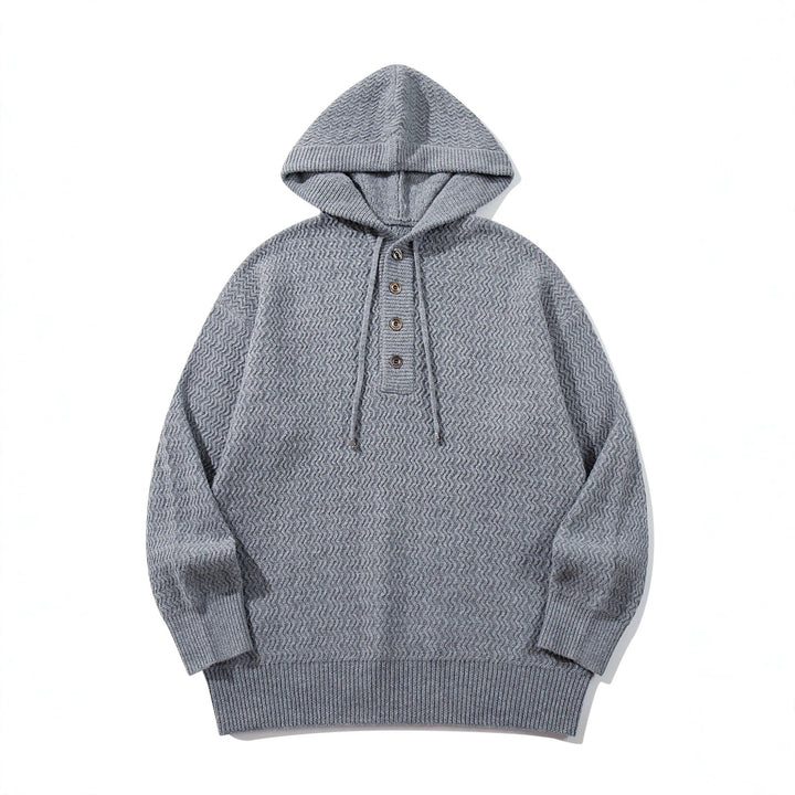 Unisex Strukturierter Kapuzen‑Strickpullover mit Henley‑Knopfleiste Echoarchiv