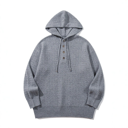 Unisex Strukturierter Kapuzen‑Strickpullover mit Henley‑Knopfleiste Echoarchiv