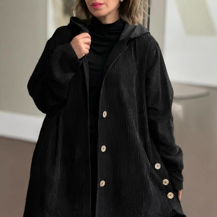 Damen Langer Kapuzen-Strickcardigan mit Rippenstruktur, Knopfleiste und Seitentaschen Echo Archiv