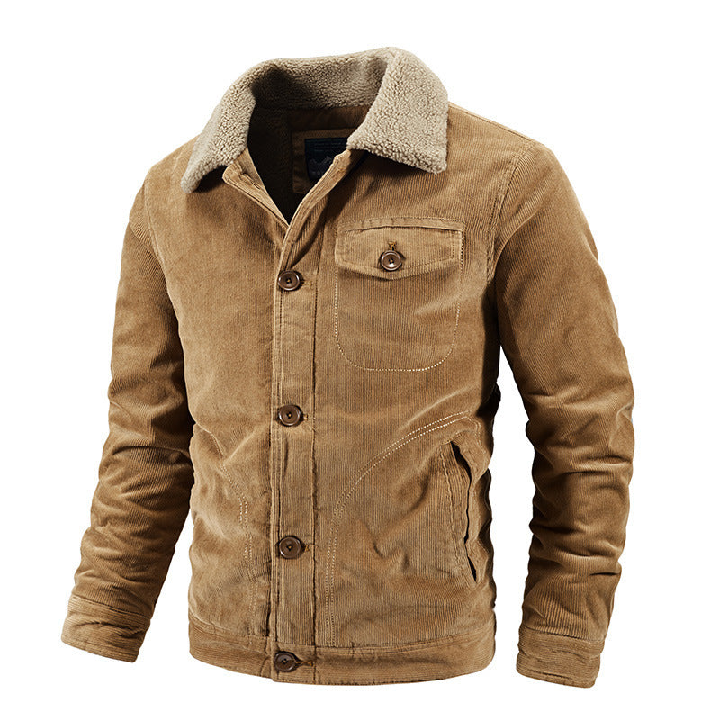 Herren Cord-Truckerjacke mit wärmendem Sherpa-Kragen und Holzknopffront – Taviero