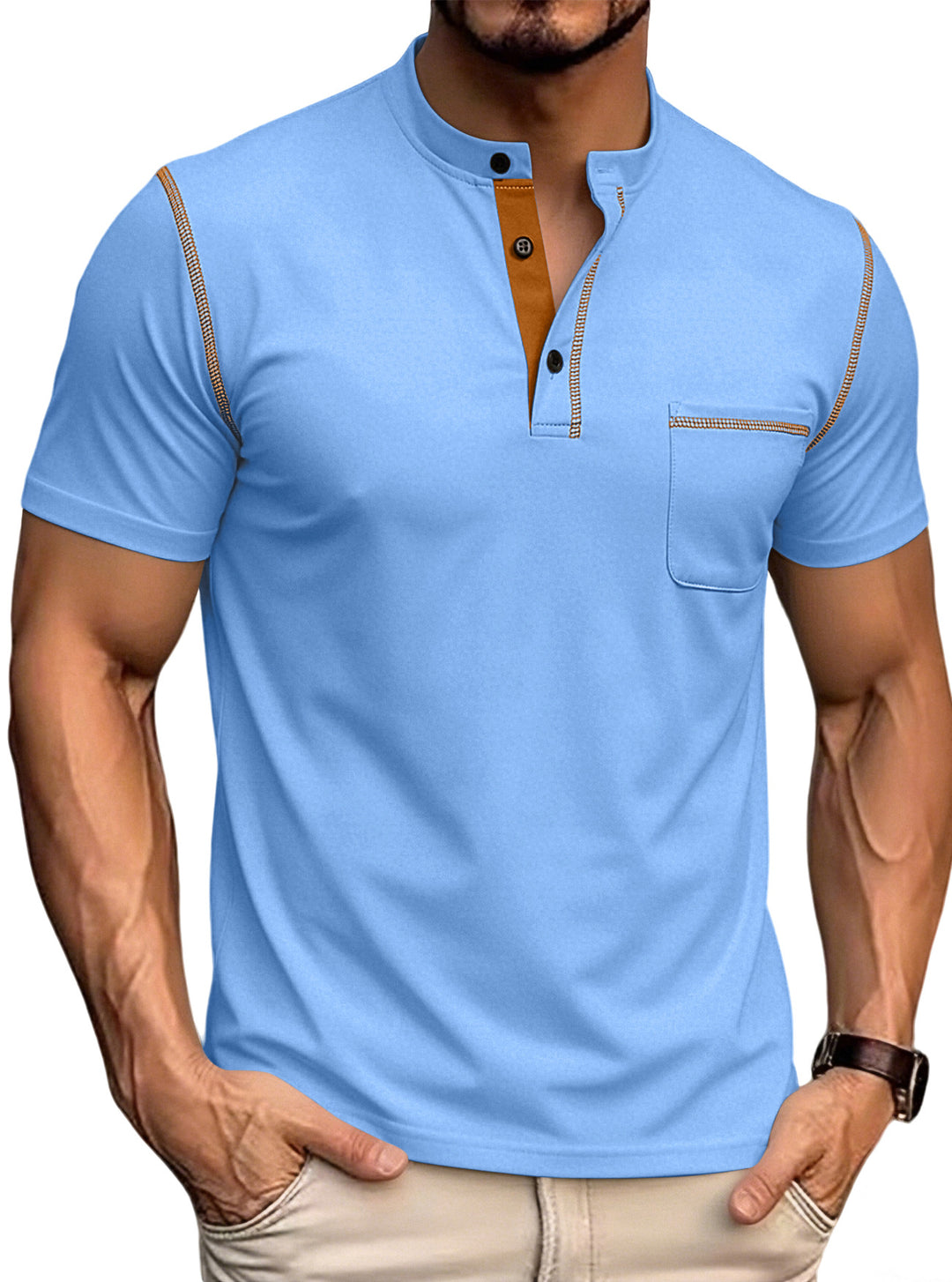 Herren nan kurzärmeliges Henley-Shirt mit Stehkragen, Brusttasche und kontrastierenden Ziernähten Echo Archiv