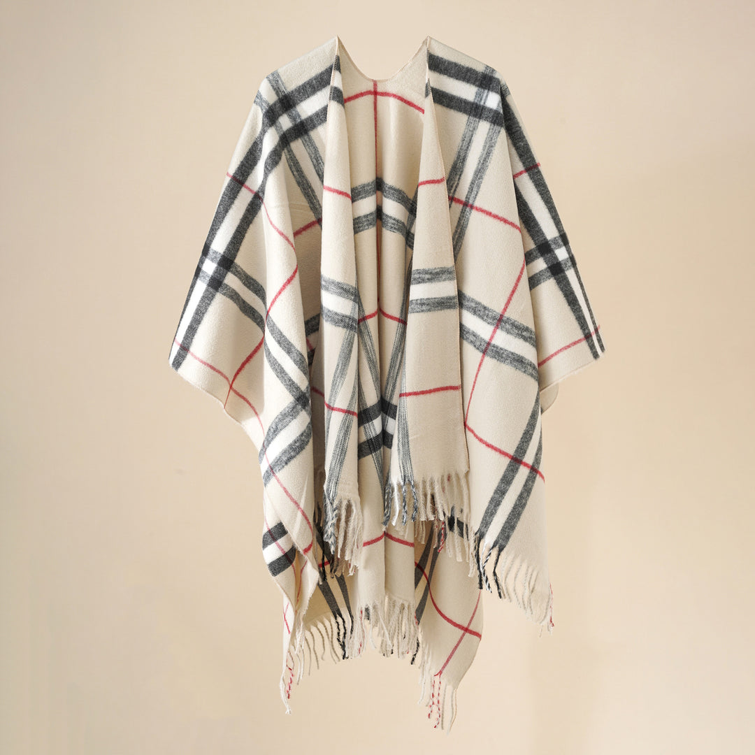 Damen Weit geschnittener Karierter Poncho mit Fransen und V‑Ausschnitt – Avérine