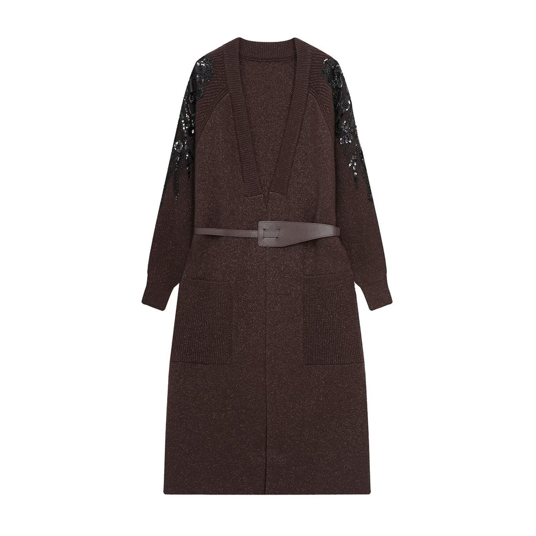 Damen Strick-Midikleid mit tiefem V-Ausschnitt, Taillengürtel und paillettenverzierten Ärmeln Echoarchiv