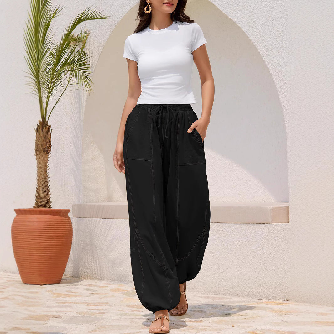 Damen Weite Haremhose mit Kordelzug, aufgesetzten Taschen und elastischem Knöchelabschluss – Avérine