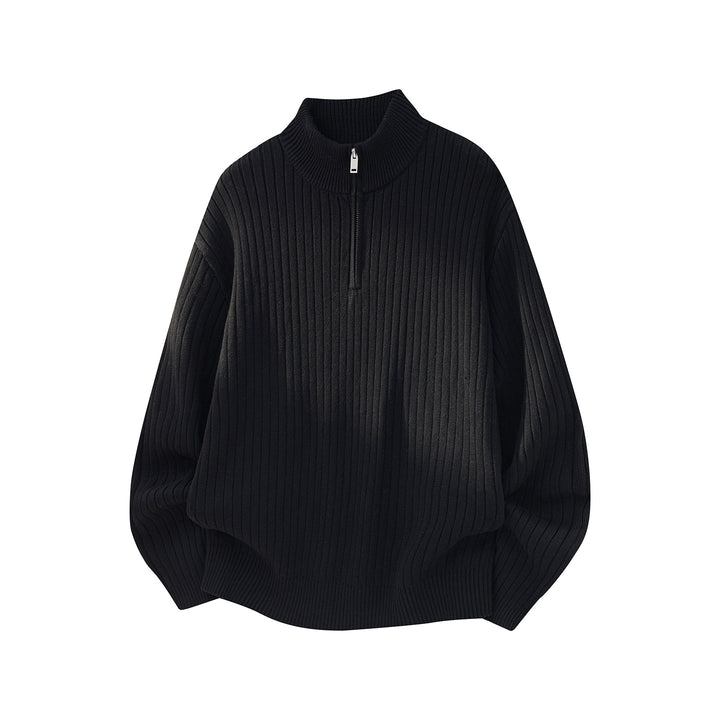 Unisex Weit geschnittener Rippenstrick-Pullover mit halbem Reißverschluss und Stehkragen Echo Archiv