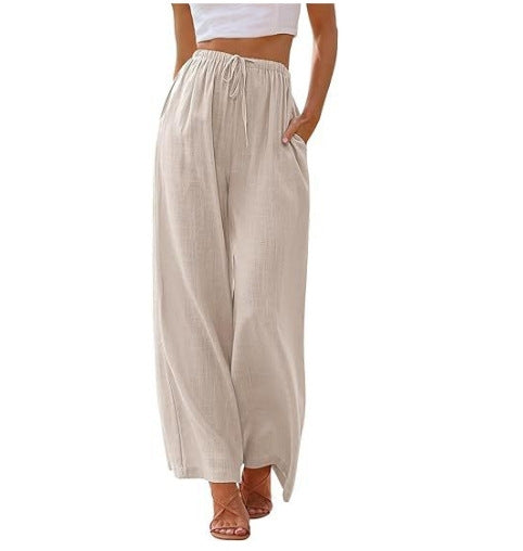 Damen nan weite Leinenhose mit elastischem Bund Kordel und Seitentaschen Echo Archiv