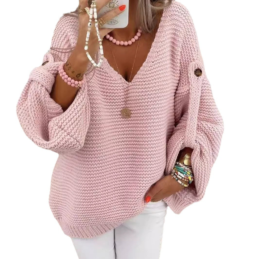 Damen weiter Strickpullover mit V-Ausschnitt, Ballonärmeln und Knopfdetail Echo Archiv