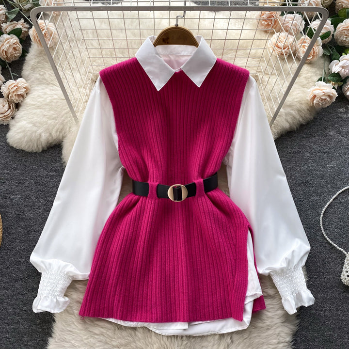 Damen Lagenlook-Bluse mit Rippstrick-Überwurf und Taillengürtel – Élovi