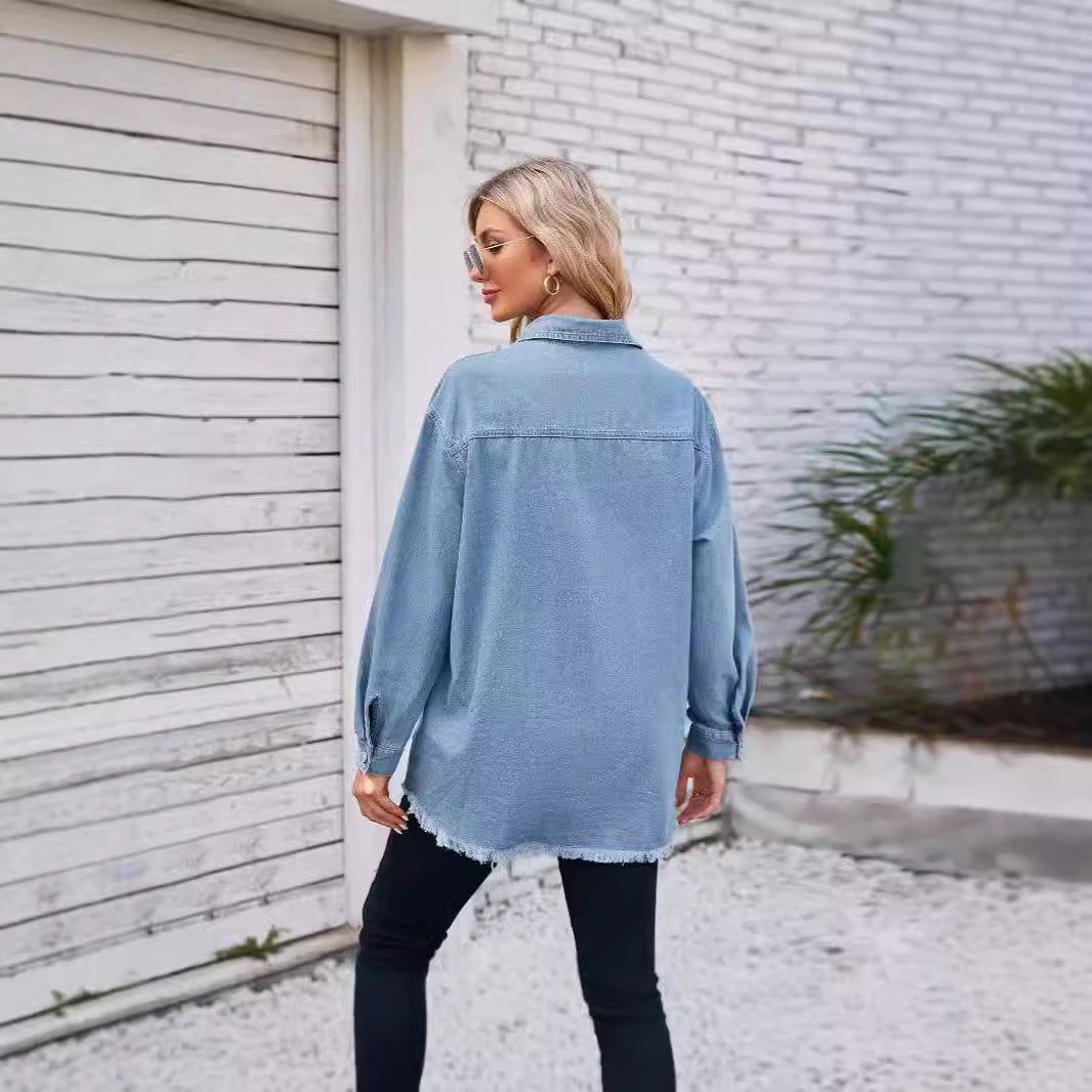 Damen Denim-Bluse im lässigen Schnitt mit Fransen und aufgesetzten Taschen Echo Archiv