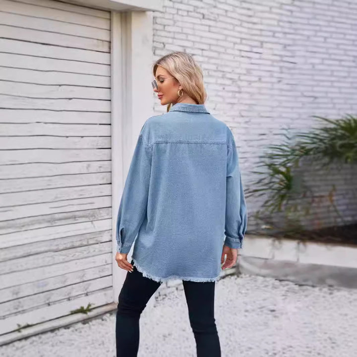 Damen Denim-Bluse im lässigen Schnitt mit Fransen und aufgesetzten Taschen Echo Archiv