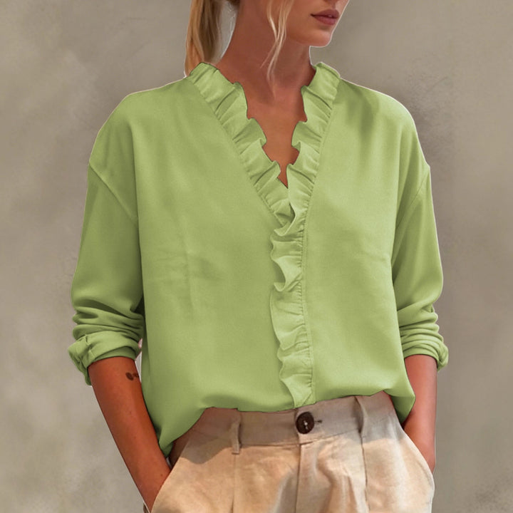 Damen Elegante V-Ausschnitt Bluse mit Volantbesatz und lockerem Oversize-Schnitt – Élovi