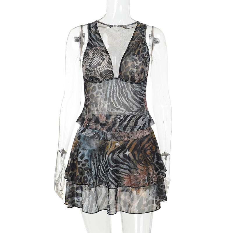 Damen Elegantes Kleid mit Rüschendetails und animalischem Muster Echo Archiv