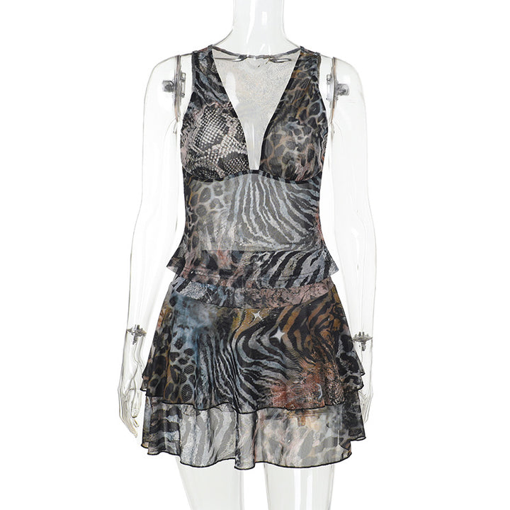 Damen Elegantes Kleid mit Rüschendetails und animalischem Muster Echo Archiv