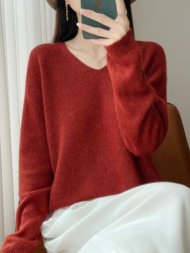 Damen Oversize-Feinstrickpullover mit feinem V-Ausschnitt und verlängertem Ärmelabschlusst Echoarchiv