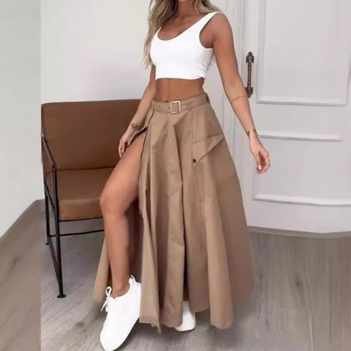 Damen Maxirock mit hohem Beinschlitz, Cargo-Taschen und Taillengürtel – Rosévia
