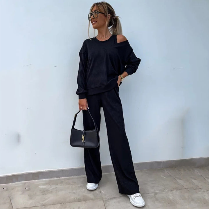 Damen nan elegantes Rippstrick-Zweiteiler Lounge-Set mit einseitigem Schulterfreischnitt und weitem Palazzo-Hosenbein Echo Archiv