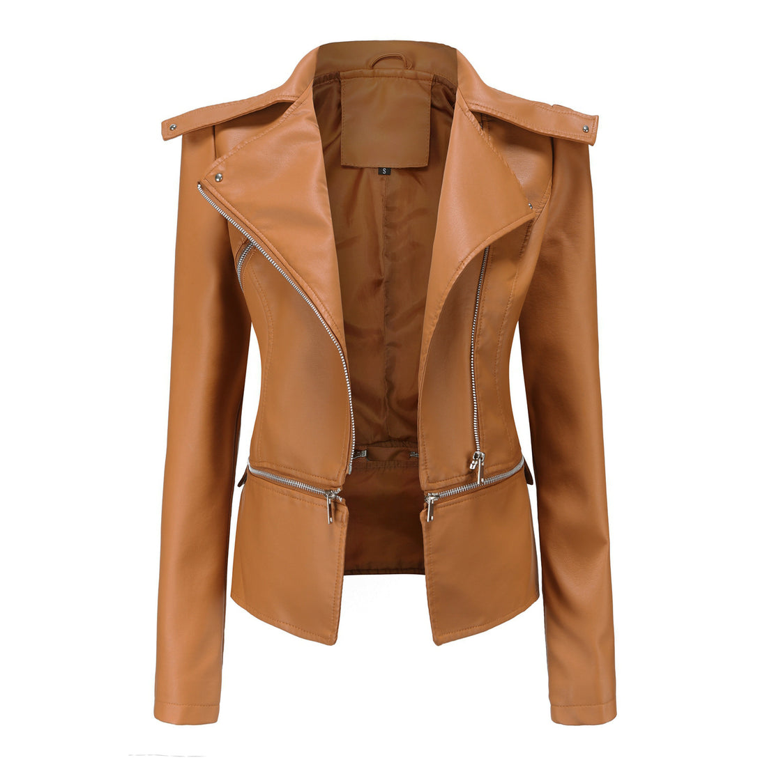 Damen taillierte Kunstleder-Bikerjacke mit asymmetrischem Reverskragen – Célinea