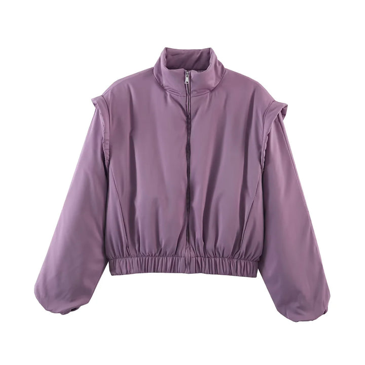 Damen cropped wattierte Jacke mit Stehkragen, voluminösen Ballonärmeln und taillierendem Elastikbund – Célinea