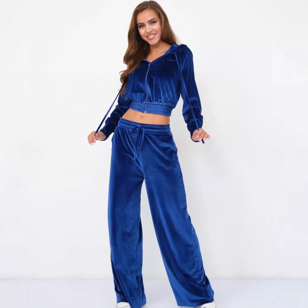Damen luxuriöses Velours-Lounge-Set mit kurzem Reißverschluss-Hoodie und weitem Comfort-Hose – Auréline