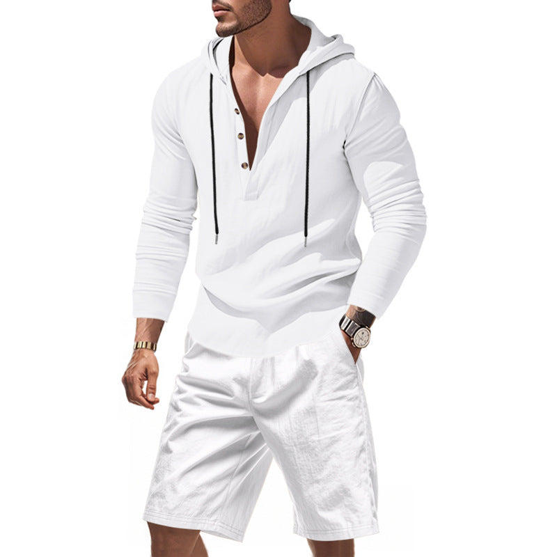 Herren lässiges Kapuzenshirt mit modernem Knopfleisten-Design und bequemen Shorts Echoarchiv