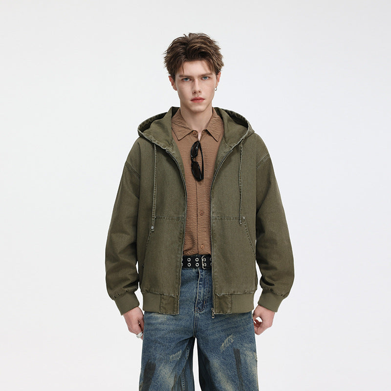 Herren Oversize Kapuzenjacke aus gewaschenem Canvas mit Reißverschluss und Utility-Taschen Echo Archiv