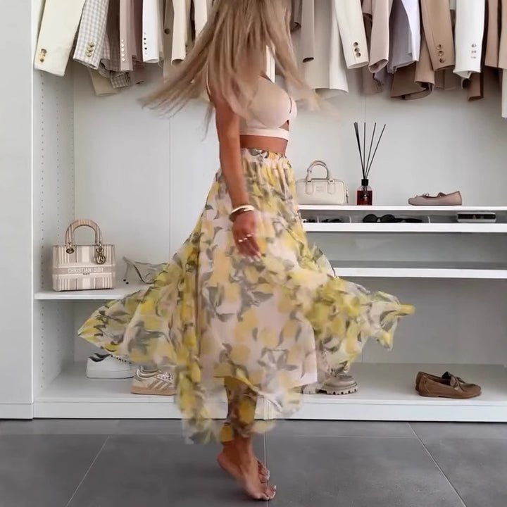 Damen nan fließender Maxi-Rock mit mehrlagigem Chiffon-Overlay, elastischem Bund und feinem Blumenprint Echo Archiv