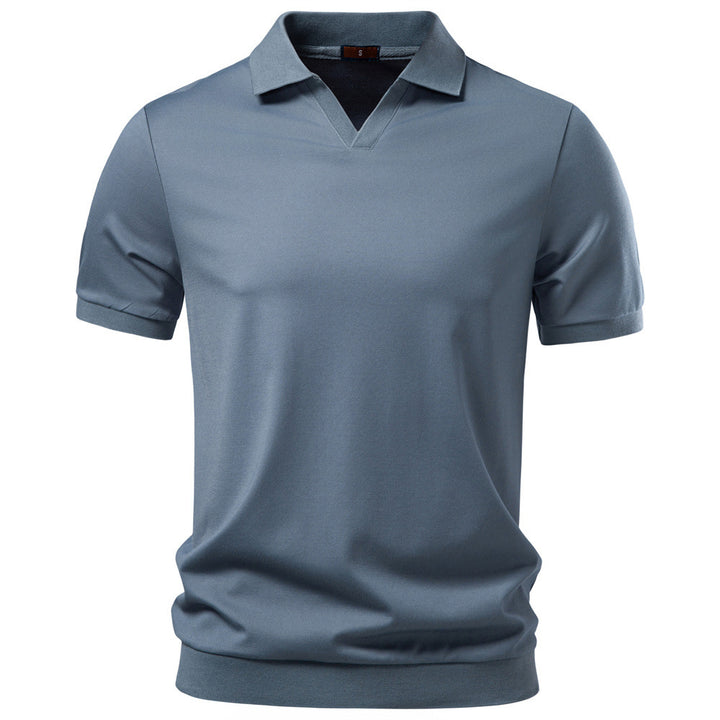 Herren nan feinstrickiges Kurzarm-Poloshirt mit offenem V-Kragen und elastischem Saum Echo Archiv