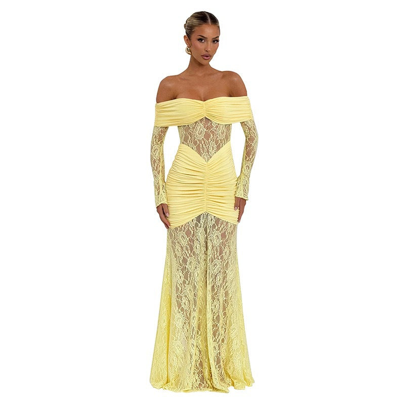 Damen Elegantes Langarm-Spitzenkleid mit Raffungen und schulterfreiem Design Echo Archiv