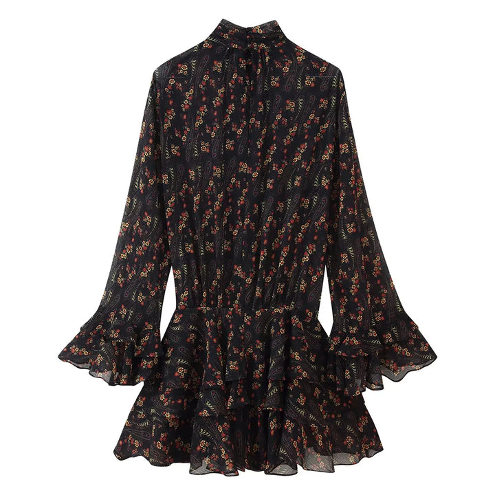 Damen fließendes Chiffon-Minikleid mit Stehkragen langen Volantärmeln und mehrstufigem Stufenrock – Élara