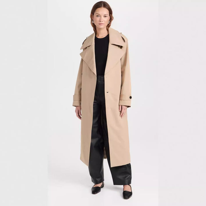 Damen Langer Trenchcoat aus Baumwollmix mit doppelreihiger Knopfleiste, Taillengürtel und Schulterklappen Echoarchiv