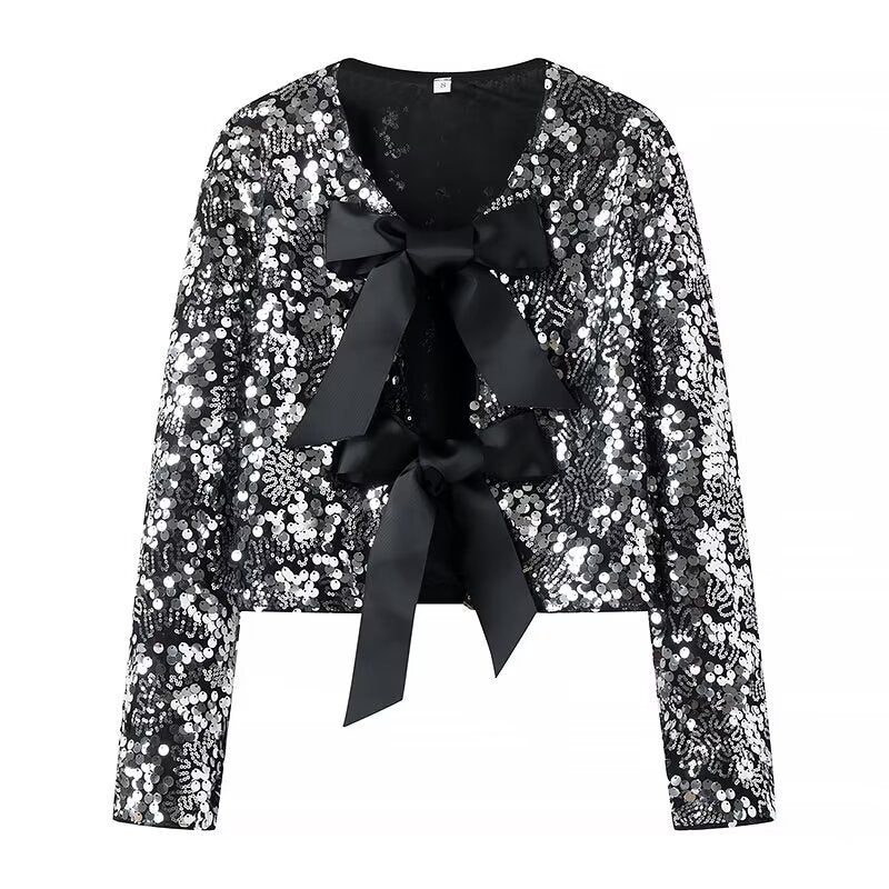 Damen Pailletten-Bolerojacke mit doppelt gebundenen Satin‑Schleifen und kurzer Cropped‑Silhouette – Célinea