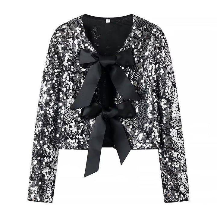 Damen Pailletten-Bolerojacke mit doppelt gebundenen Satin‑Schleifen und kurzer Cropped‑Silhouette – Célinea