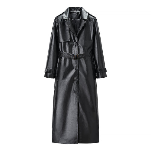 Damen Langer Kunstleder-Trenchcoat mit Taillengürtel und Epauletten Echo Archiv