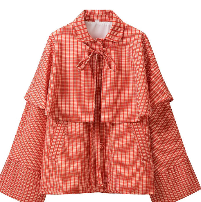 Damen Karierte Cape-Übergangsjacke mit Lagen‑Cape und Schleifenbindung Echo Archiv