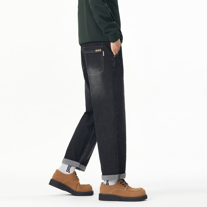 Herren Weite gerade geschnittene Denim-Jeans mit Used‑Wash und Umschlagbund Echoarchiv