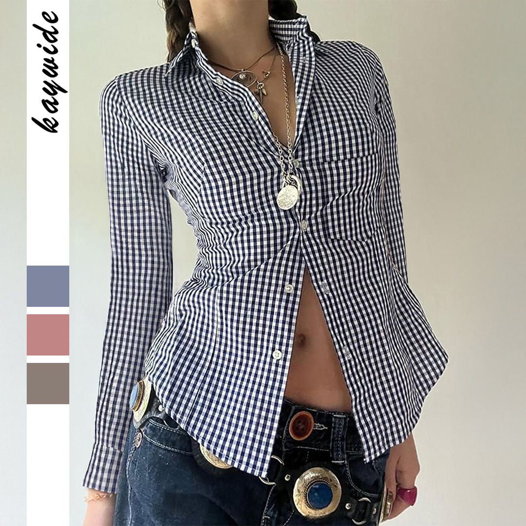 Damen taillierte Karobluse mit Hemdkragen, durchgehender Knopfleiste und geschwungenem Saum – Élovi