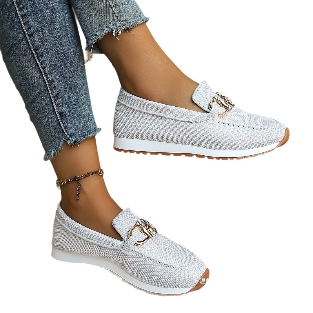 Damen Atmungsaktive Mesh-Slipper-Loafer mit goldfarbener Schnallendekor und leichter Gummisohle Echoarchiv