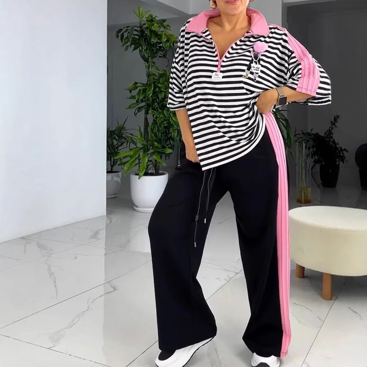 Damen nan lässiges zweiteiliges Polo-Lounge-Set mit Oversize-Streifen, Pompom-Applikation und kontrastierenden Seitenbahnen Echo Archiv