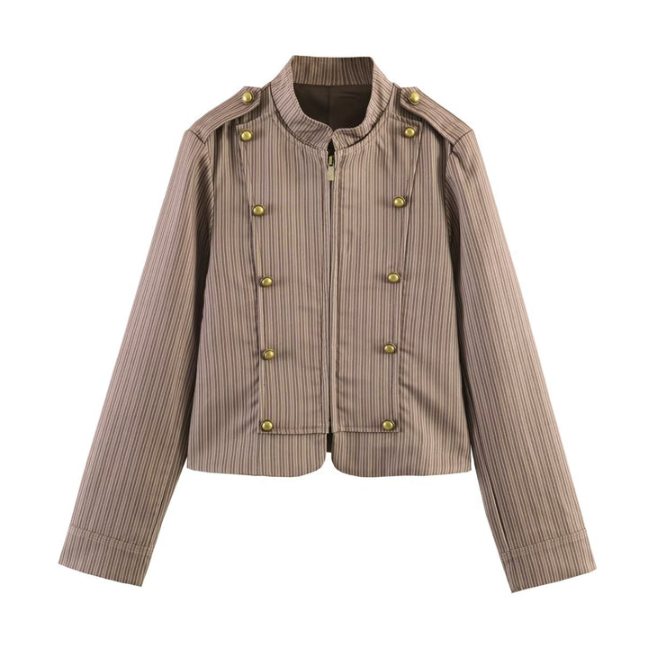 Damen Kurzgeschnittene militärinspirierte Jacke mit Stehkragen und doppelter Zierknopfreihe Echo Archiv