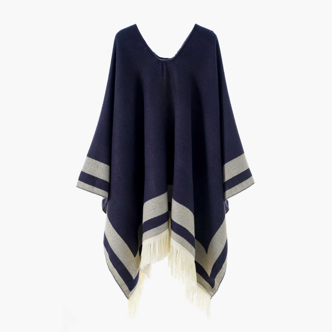Damen Oversize Poncho-Cape mit V-Ausschnitt und Fransensaum – Avérine