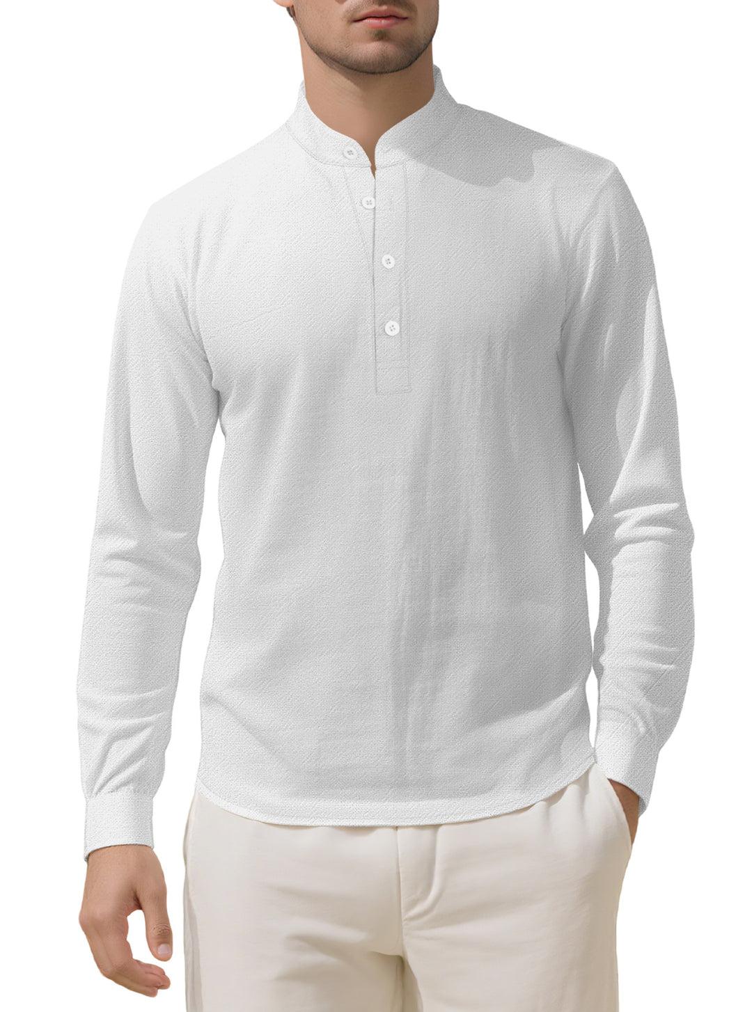 Herren nan Nehru-Kragen-Henley aus Baumwollstretch mit verdeckter Knopfleiste und schmaler Passform Echo Archiv