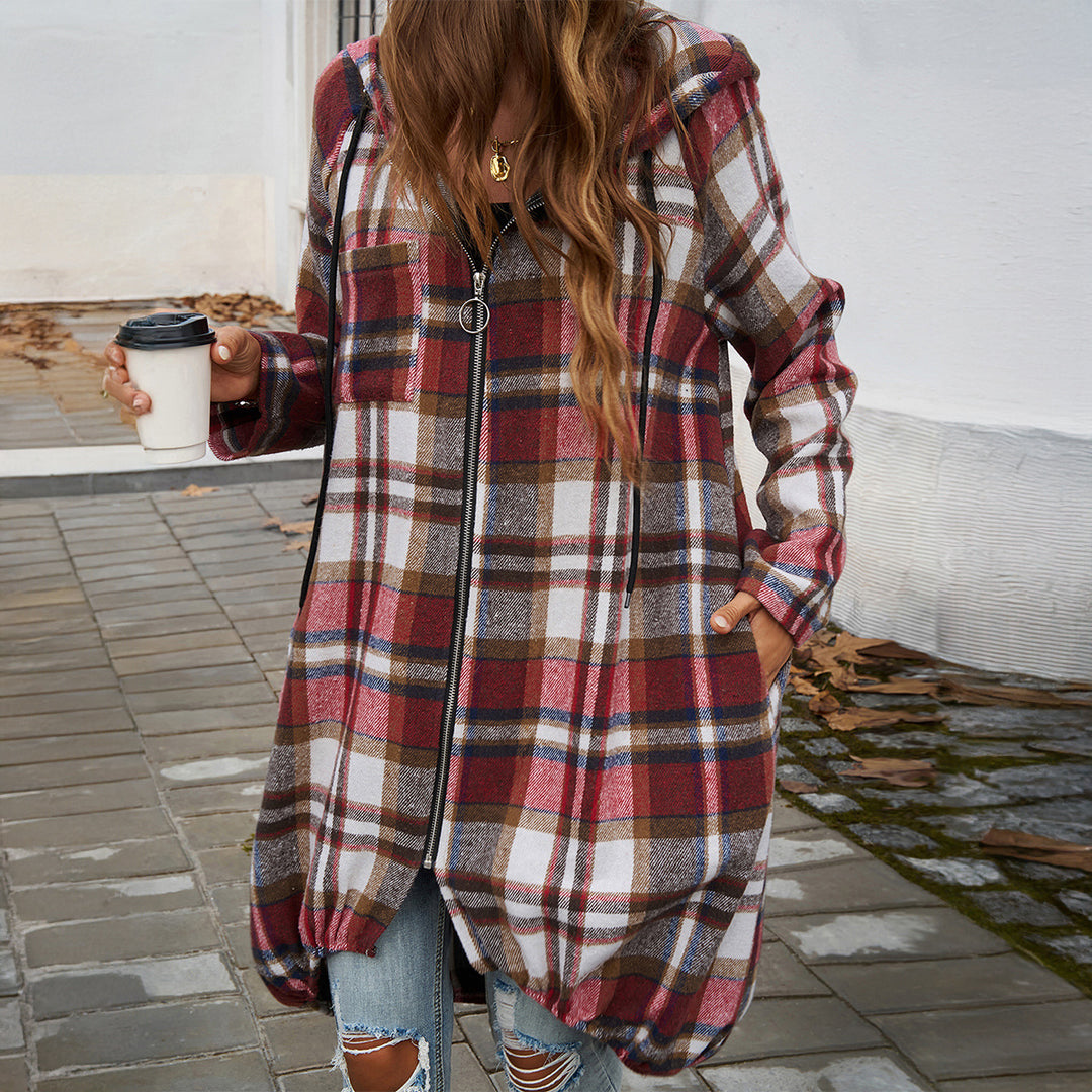 Damen langer Kapuzenmantel im Karomuster mit Reißverschluss und ballonförmigem Saum – Montévia