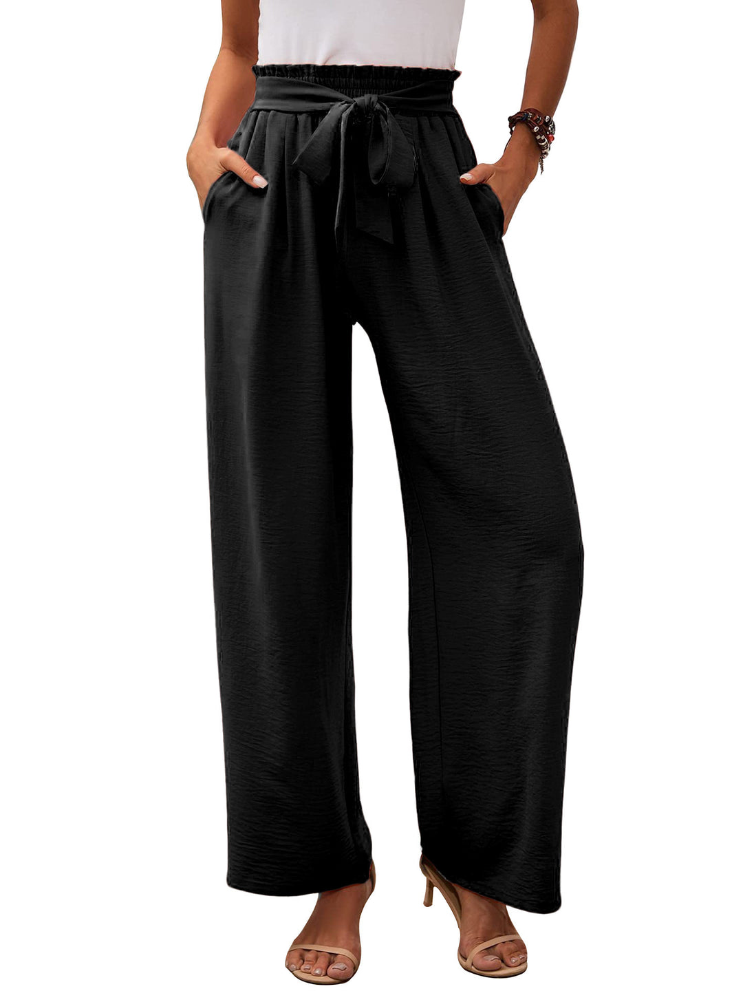 Damen Paperbag-Hose mit weitem Bein, elastischer Taille und Bindegürtel Echoarchiv