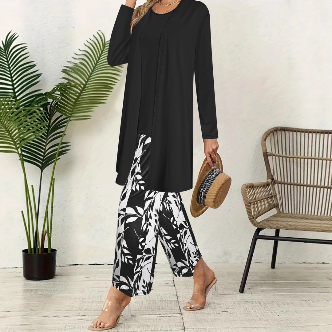 Damen Zweiteiler Offener Longcardigan mit Langarm und Palazzo‑Hose mit Blattprint – Élanora